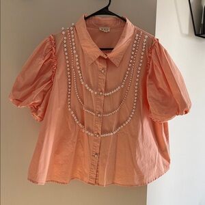 POL Coral Puff Sleeve Blouse with Pearl Accents
